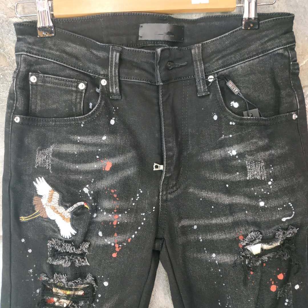 New Design Winter Mens Jeans Black High Quality Designer Spray Paint Spliced Ripped Higher Street Destroyed Denim Jean US Size W28-W40