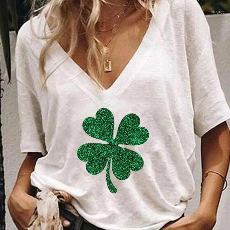 

Women' Blouses & Shirts Summer Print Four Leaf Clover For Women 2022 Fashion Casual V-neck Blouse White Short Sleeve Top Blusas