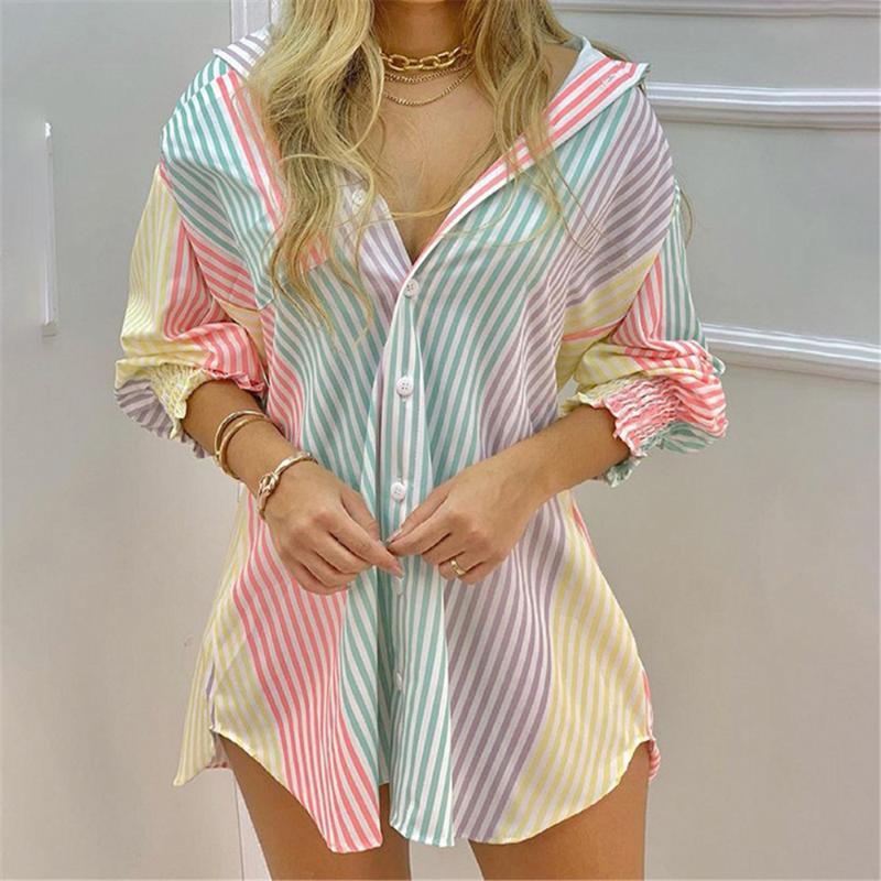 

Women' Blouses & Shirts Women Fashion Striped Print Shirt Lady Long Sleeve Blouse Off Shoulder Ruched Button Design Casual Tops For Clothes, Striped pattern