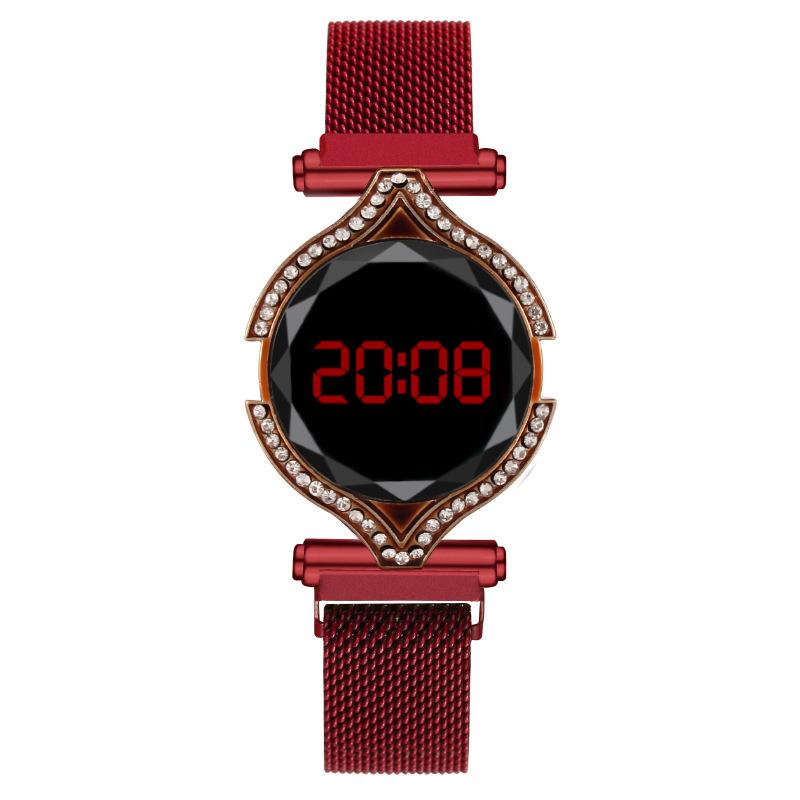 

Wristwatches Sport Round Quartz LED Touch Screen Dial Casual Watches Stainless Net Strap Fashionable Clock Waterproof Wristwatch For Women, Red