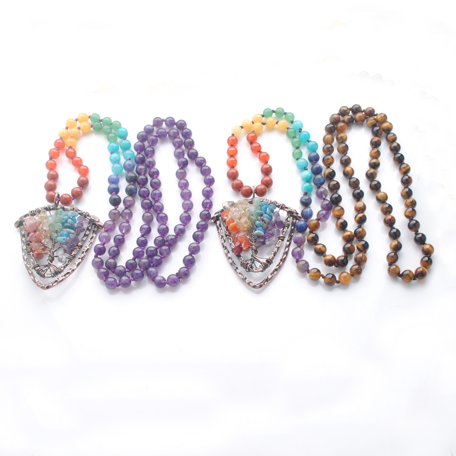 

108 Mala Beads Long Necklaces Shield Pendants 7 Chakra Natural Stone Knotted Sweater Chain Life Tree Pendulum For women DBF318