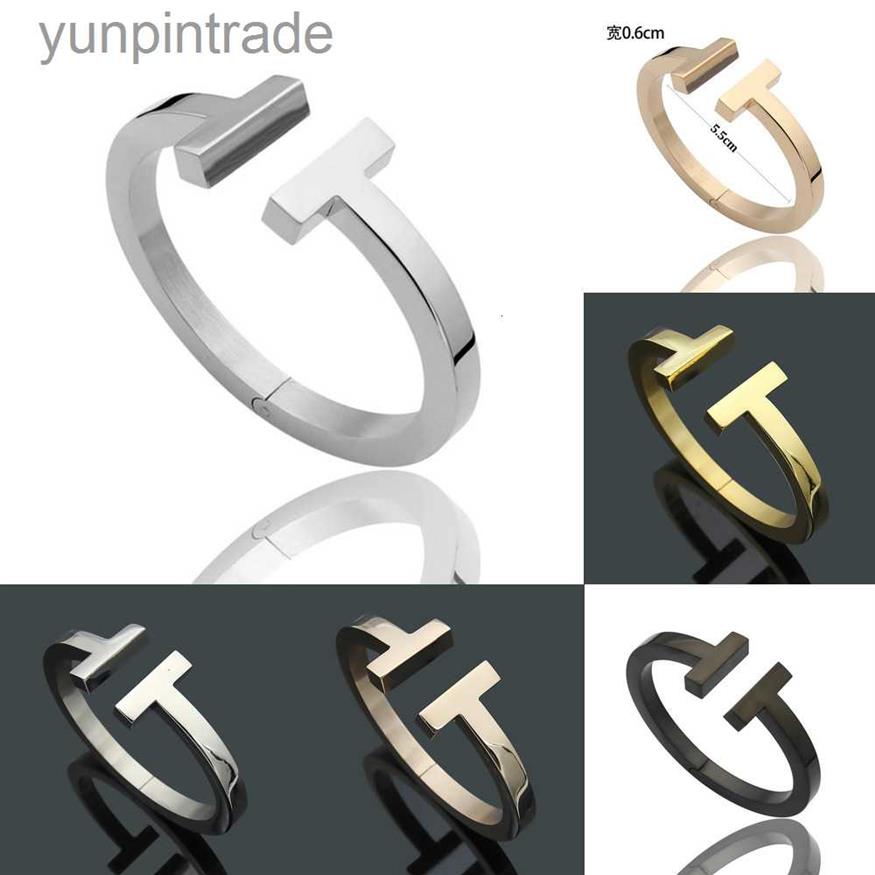 

Luxury fashion Women Bangle Stainless open cuffs thick wide band double T bangles bracelet Mens Jewlery silver rose gold black Pul260s