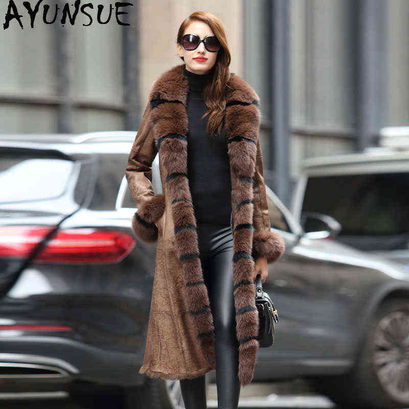 

Ayunsue Double Sided Real Fur Jacket Female Luxury Rabbit Fur Coats Winter Jacket Women Fox Fur Collar Real Leather Jacket MY4244 J220727, Brown.