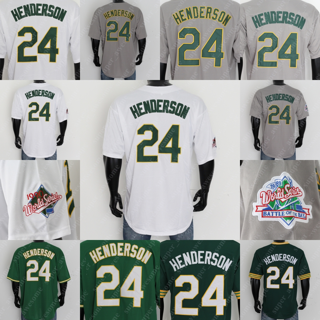 

24 Rickey Henderson Jersey 1989 1990 White Gray Green Stitched, White 1990