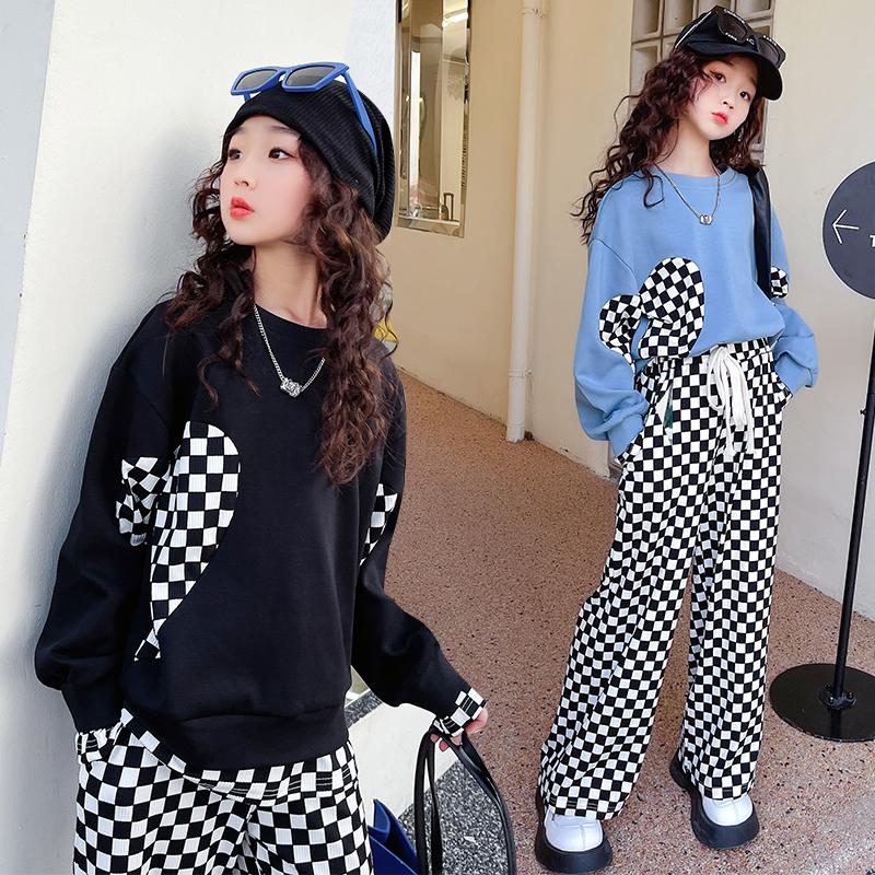 

Clothing Sets Girls Tracksuit Love Heart Plaid Sweatshirt Pants Sports Suit Children's Spring Autumn Kids Outfits 4-14 YearsClothing, Black