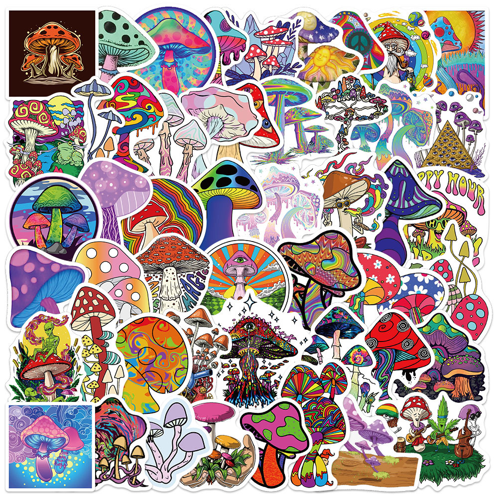 

50PCS Psychedelic Aesthetics Mushroom Stickers Decal Car Guitar Motorcycle Luggage Suitcase Cartoon Graffiti Sticker, Multi colors