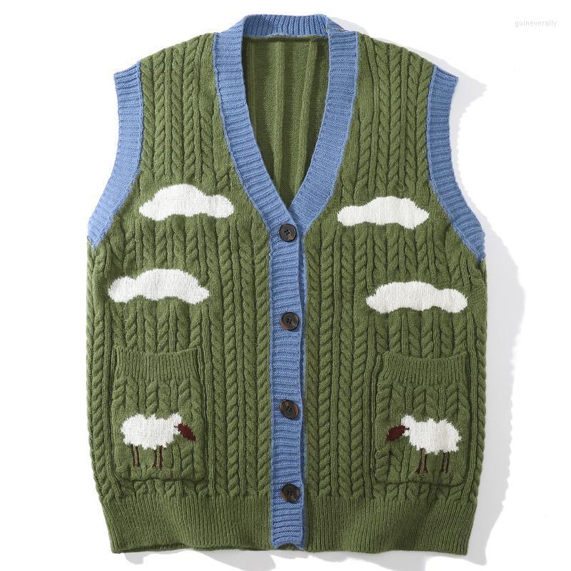 

Men's Vests LACIBLE Streetwear Harajuku Vintage Cloud Pattern Sleeveless Cardigan Sweater Vest Loose Autumn V-neck Button Knitted Tops Guin2, Green