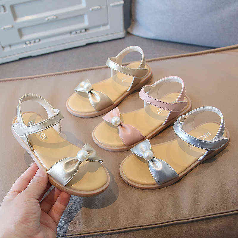 

Girls Pearl Sandals 2022 Fashion Elegant Summer Kids Children Pu Hook Loop Princess Performance Beach Sandal Young Shoes Baby G220418, Silver