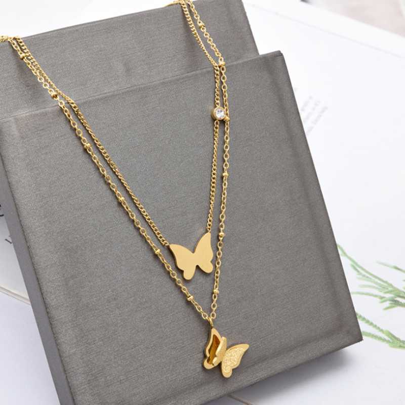 

Pendant Necklaces 316L Stainless Steel Fashion Upscale Jewelry 2 Layer Zircon Butterfly Charms Beaded Chain Choker For Women
