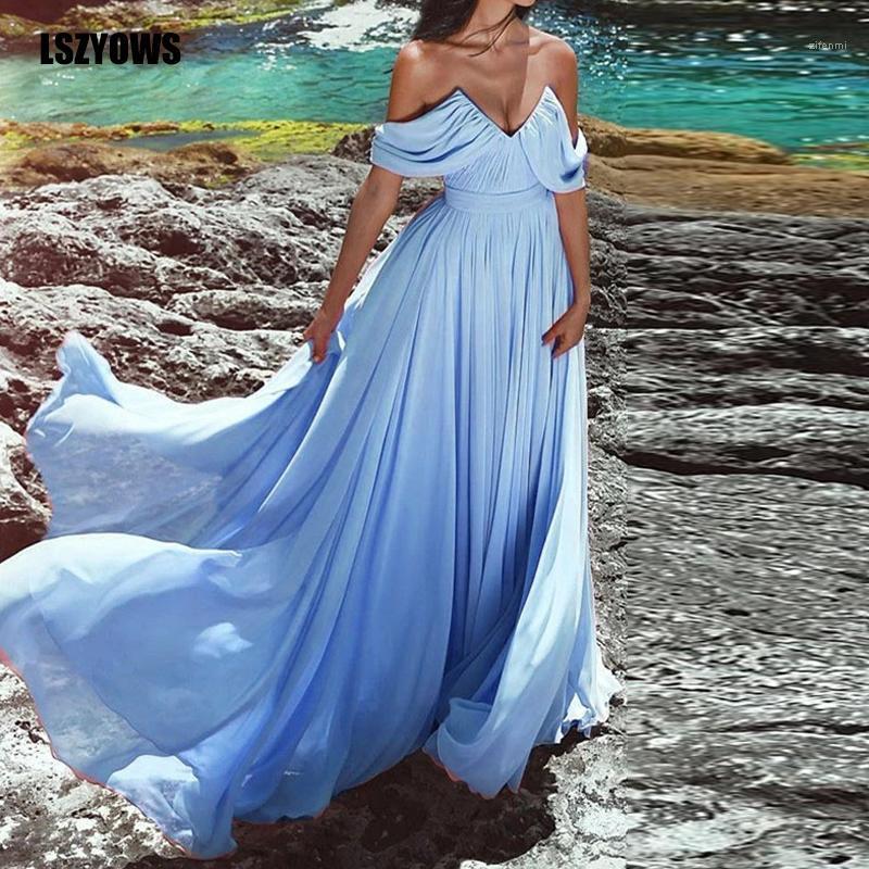 

Casual Dresses Elegant Chiffon Dress Women Off Shoulder V Neck Spaghetti Strap Blue Maxi Evening Party Female Long Robe Vestidos