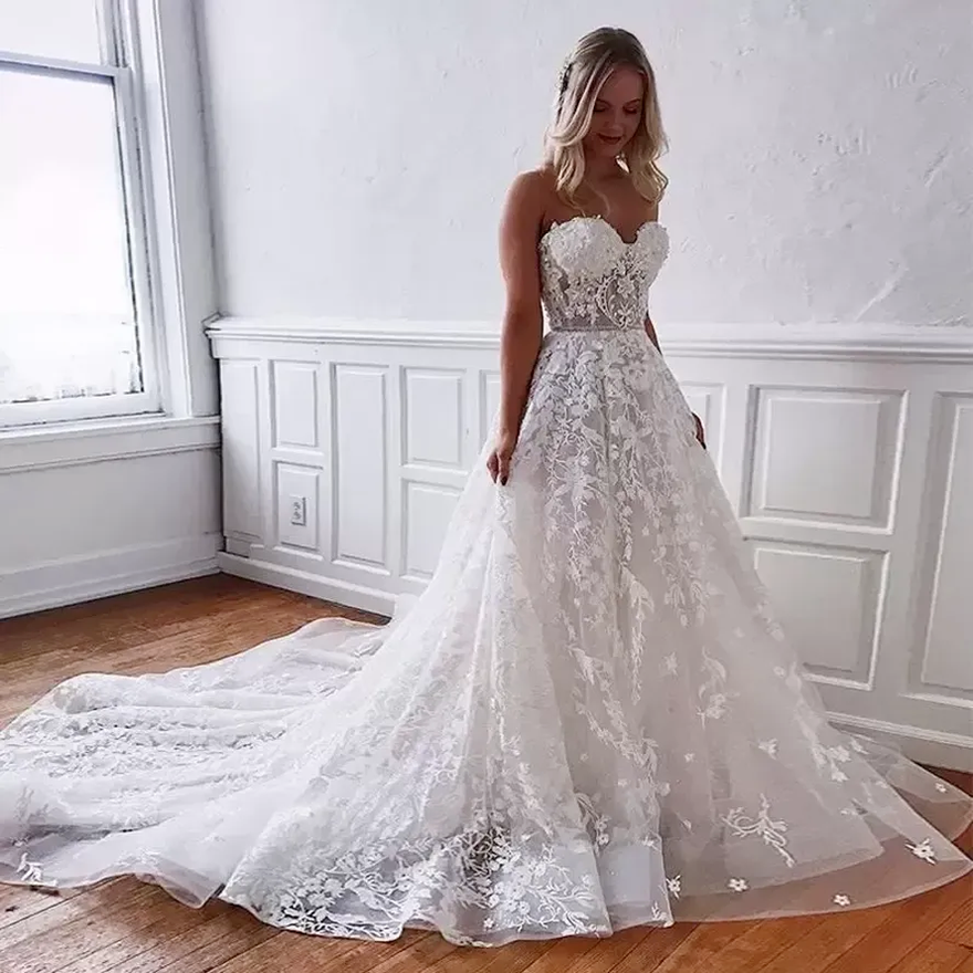 

Romantic Lace Tulle wedding Dresses Sexy Sweetheart Backless 3D Appliques Sequins Long Summer Beach Boho Bridal Gowns Plus Size BC14116 0810, White