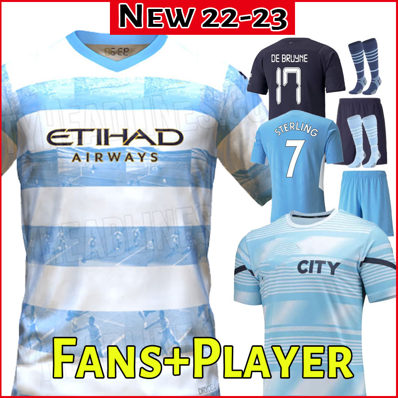 

FERRAN DE BRUYNE Manchester fans player version GREALISH soccer jersey 21 22 23 STERLING FODEN football shirts men + kids kit sets uniform full set socks suit city man, Away+patch