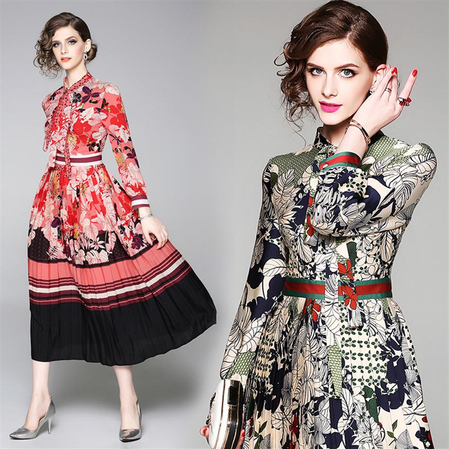 Womens Bow Printed Dress Long Sleeve 2022 Spring Autumn Midi Dress High-end Elegant Lady Pleated Dresses Boutique Retro Dress241E
