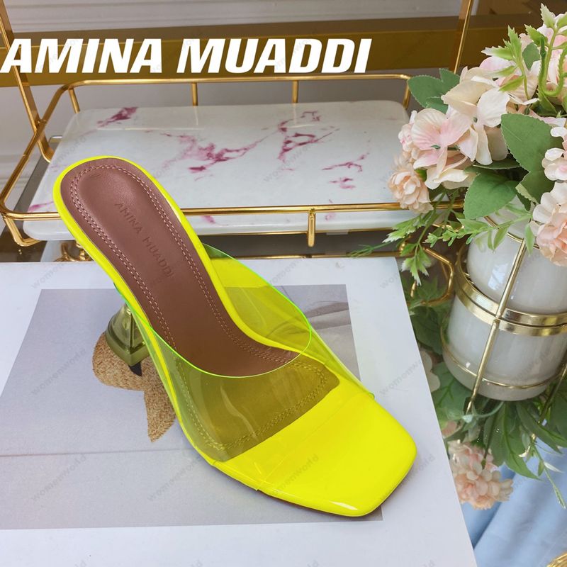 

Luxury Designer Amina Muaddi sandals New clear Begum Glass Pvc Crystal Transparent Slingback Sandal Heel Pumps Naima embellished Yellow Mules slippers shoes, Only a shoe box