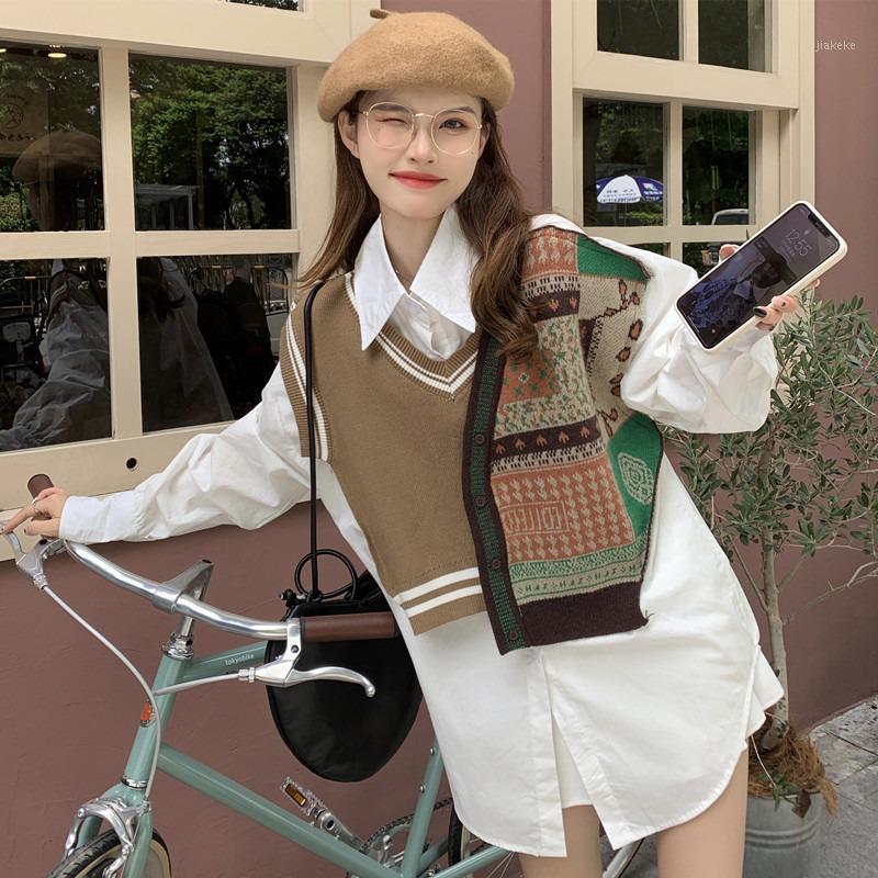 

Women's Sweaters Autumn Fake Two-Piece Lapel Shirts Sweater Female Clothing Korean Style Loose Top Stitching Long-Sleeve Ladies Tide Pullove, 9837x white