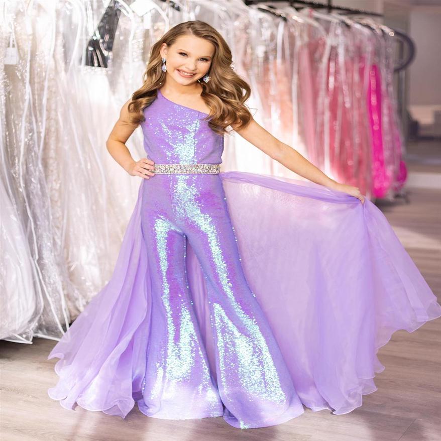 

Lilac Girl Pageant Dress Jumpsuit 2022 Sequin Romper Flared Pants Organza Beading Skirt little Kid Birthday One-Shoulder Formal Pa2115, Custom made from color chart