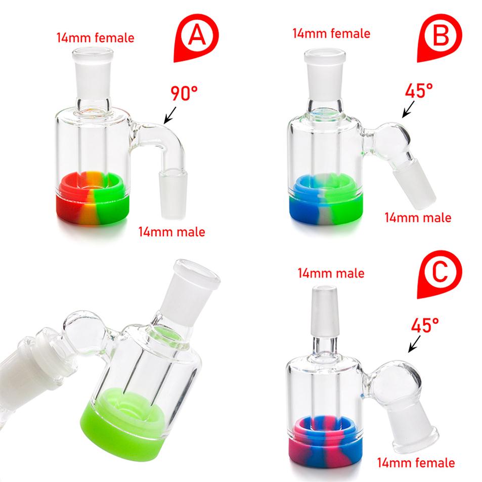 

Glass Ash Catcher with 10Ml Silicone Wax Jar for Glass Bongs Water Pipe Dab Rigs 14MM-14MM joint 197f