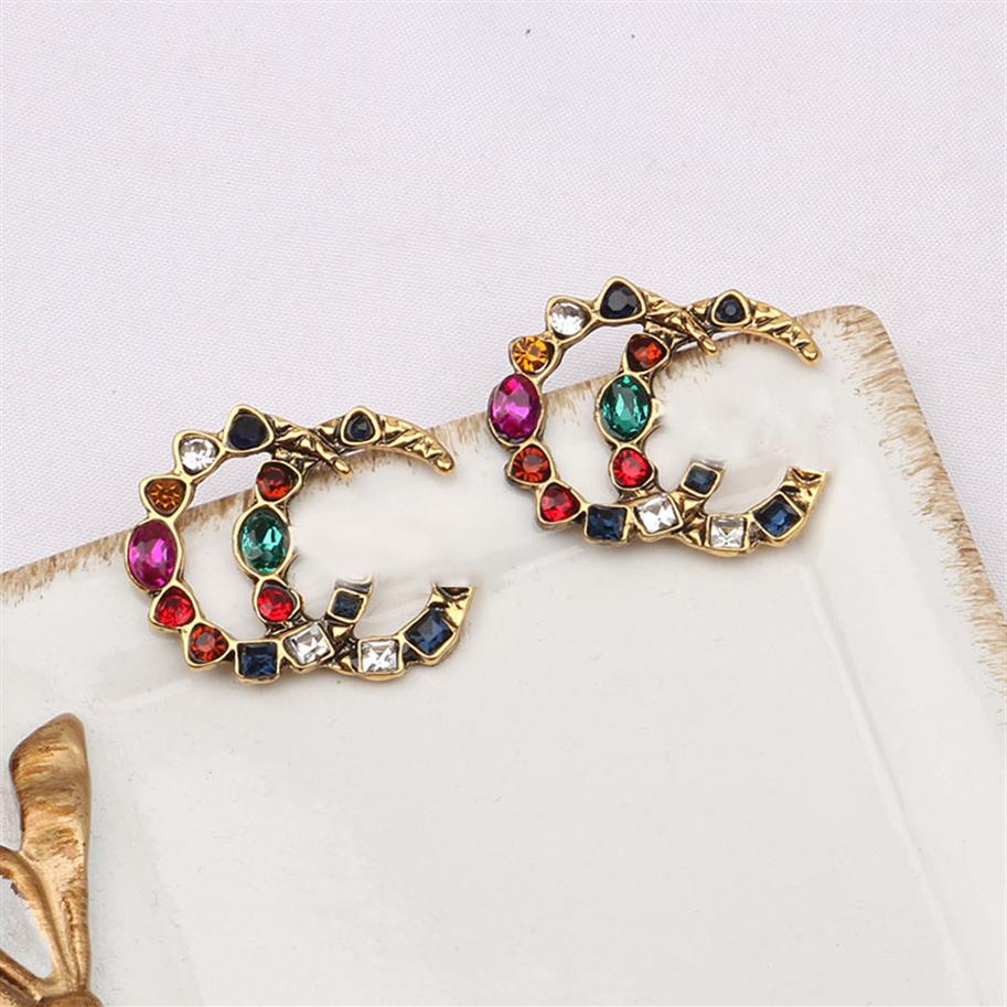 

18K Gold Plated 925 Silver Luxury Brand Designers Double Letters Stud Geometric Famous Women Colorful Crystal Rhinestone Pearl Ear2997