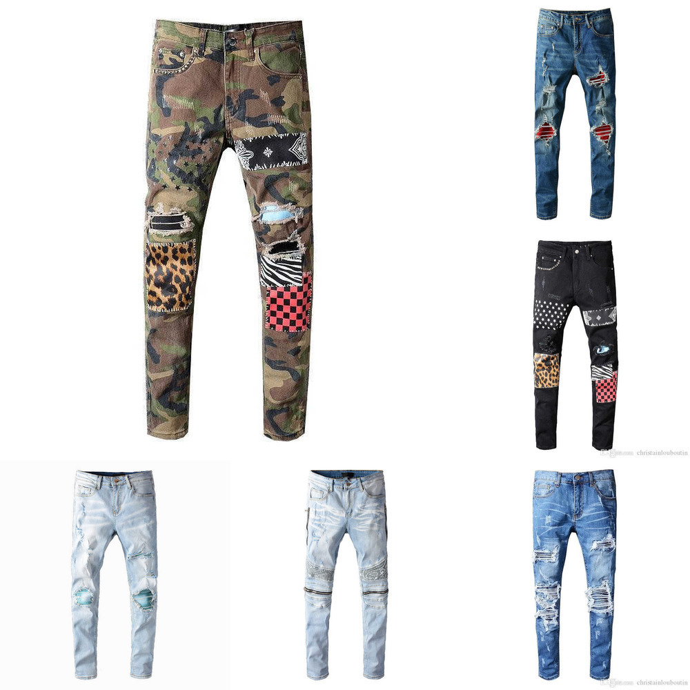Jeans Clothing Men Women T Shirts Panther Print Army Green Destroyed Mens Slim Denim Straight Biker Skinny Pants Mencowboy