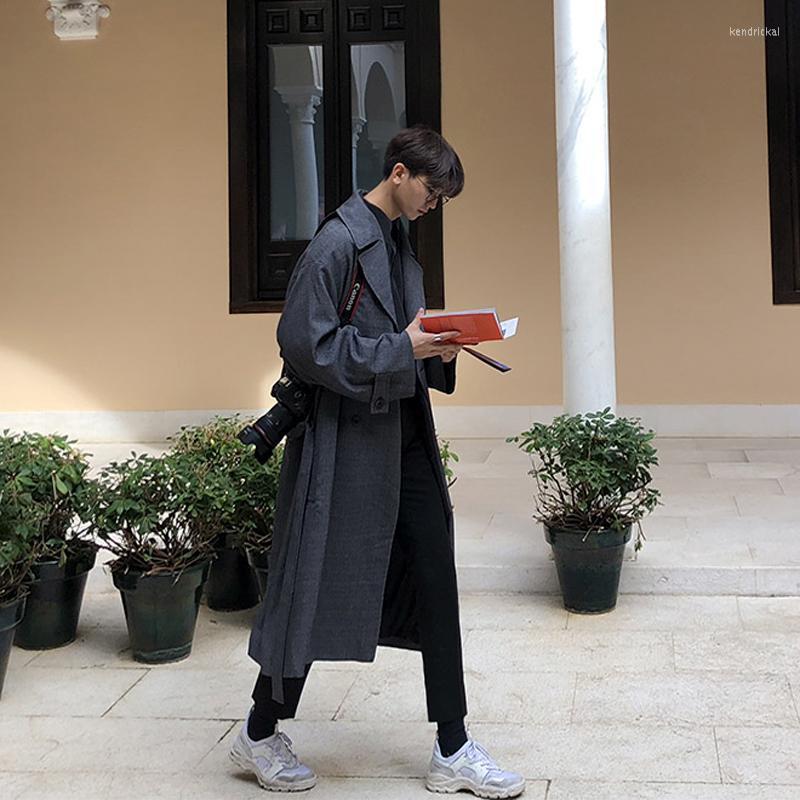 

Men's Wool & Blends Autumn Style Korean Casual Windbreaker Handsome Over-the-knee Retro Trend Coat Bf Mid-length Plaid Jacket Kend22, Gray