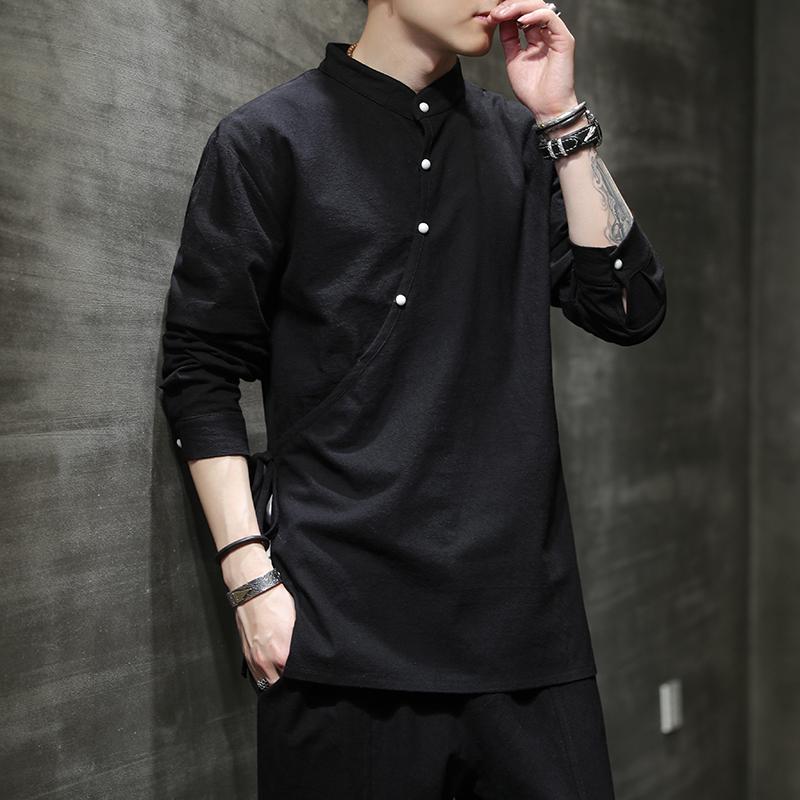 

Men's Casual Shirts Men's Chinese Style Shirt Cotton Linen Tang Suit Hanfu Retro Stand-Up Collar Zen Harajuku Tops Men ClothesMen's Men', Black