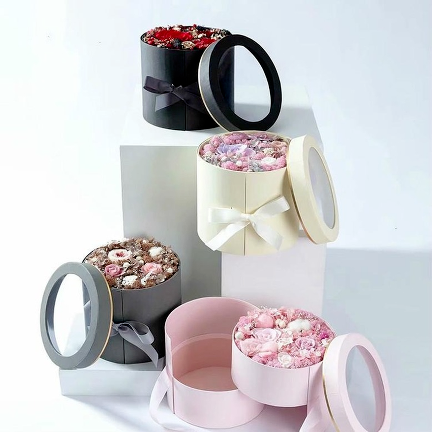 

Double Layer Round Flower Paper Boxes with Ribbon Creative Rose Bouquet Gift Wrap Packaging Cardboard Box Valentine's Day Wedding Decoration sxa27