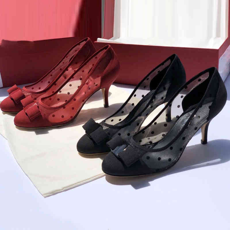

Sandals bowknot round head flat shoes thin heel scoop high heels work wave dot mesh wedding single 1EI0, 2# shoe box