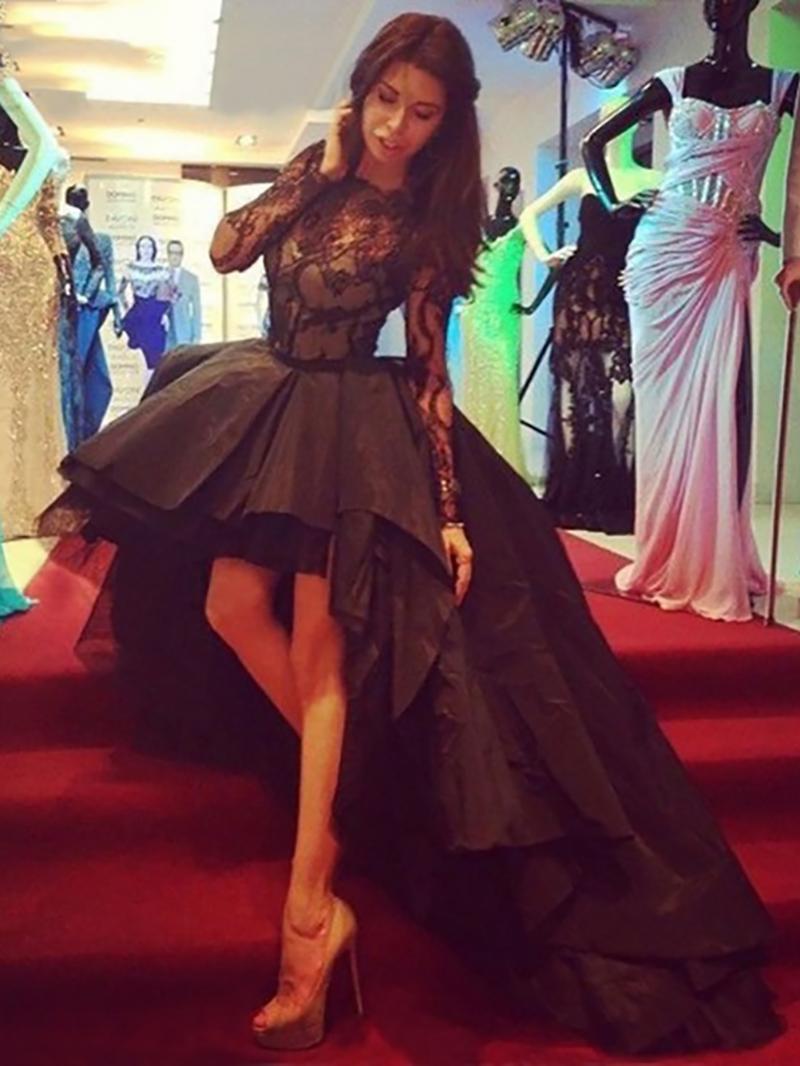

Party Dresses Fashion Black O-Neck Long-Sleeves Natural A-Line High/Low Lace Homecoming Dresses/Formal Prom Gowns