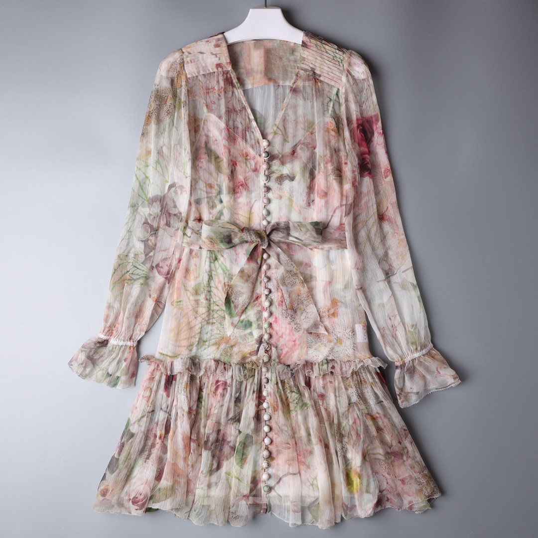 

Australian fashion brand silk garden flower pattern printed pleated collar dress, Multi