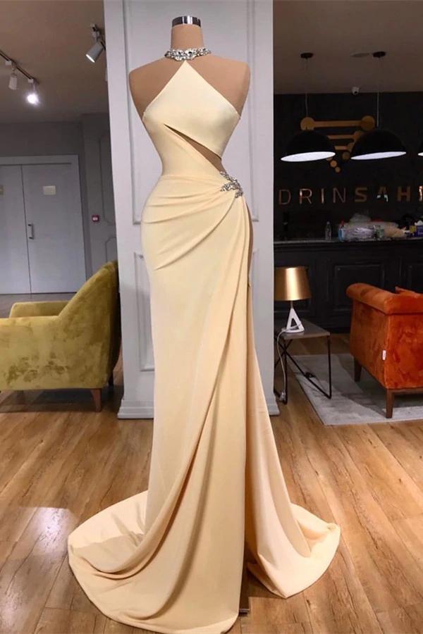

2022 Sexy Light Yellow Sheath Prom Dresses Halter Illusion Silver Crystal Beads Side High Split Evening Gowns Plus Size Formal Party Dress, Chocolate