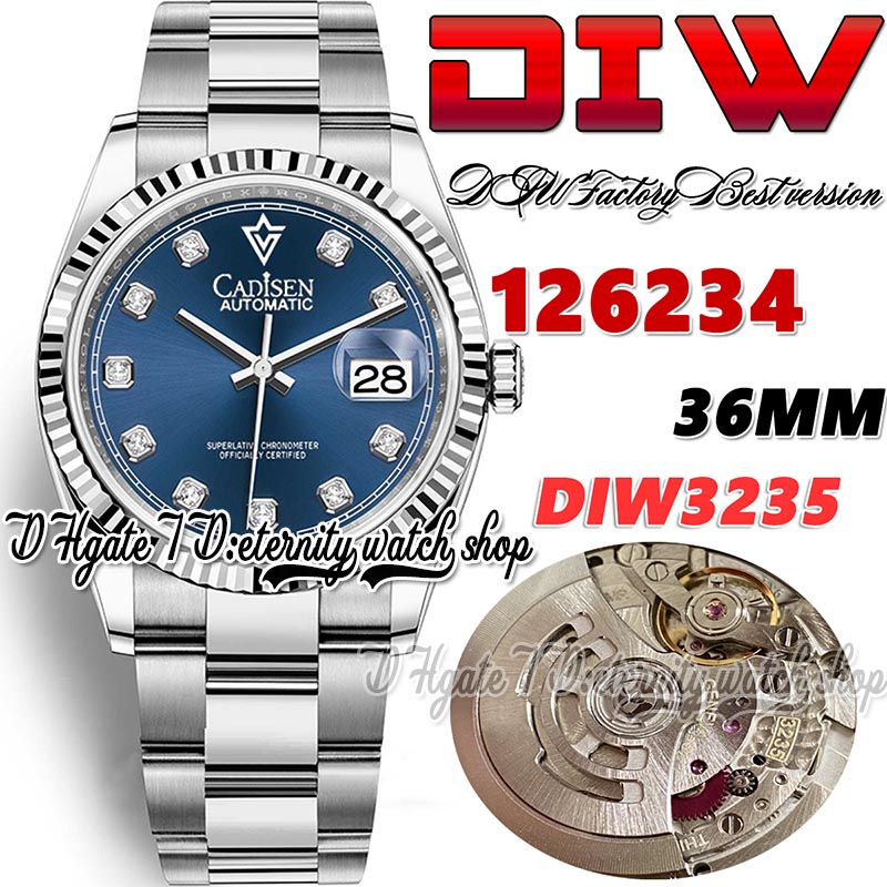 

DIWF diw126234 SA3235 Automatic Mens Watch 36MM Fluted Bezel Blue Dial Diamonds Markers 904L Oystersteel Bracelet With Same Serial Warranty Card eternity Watches, Watch waterproof cost