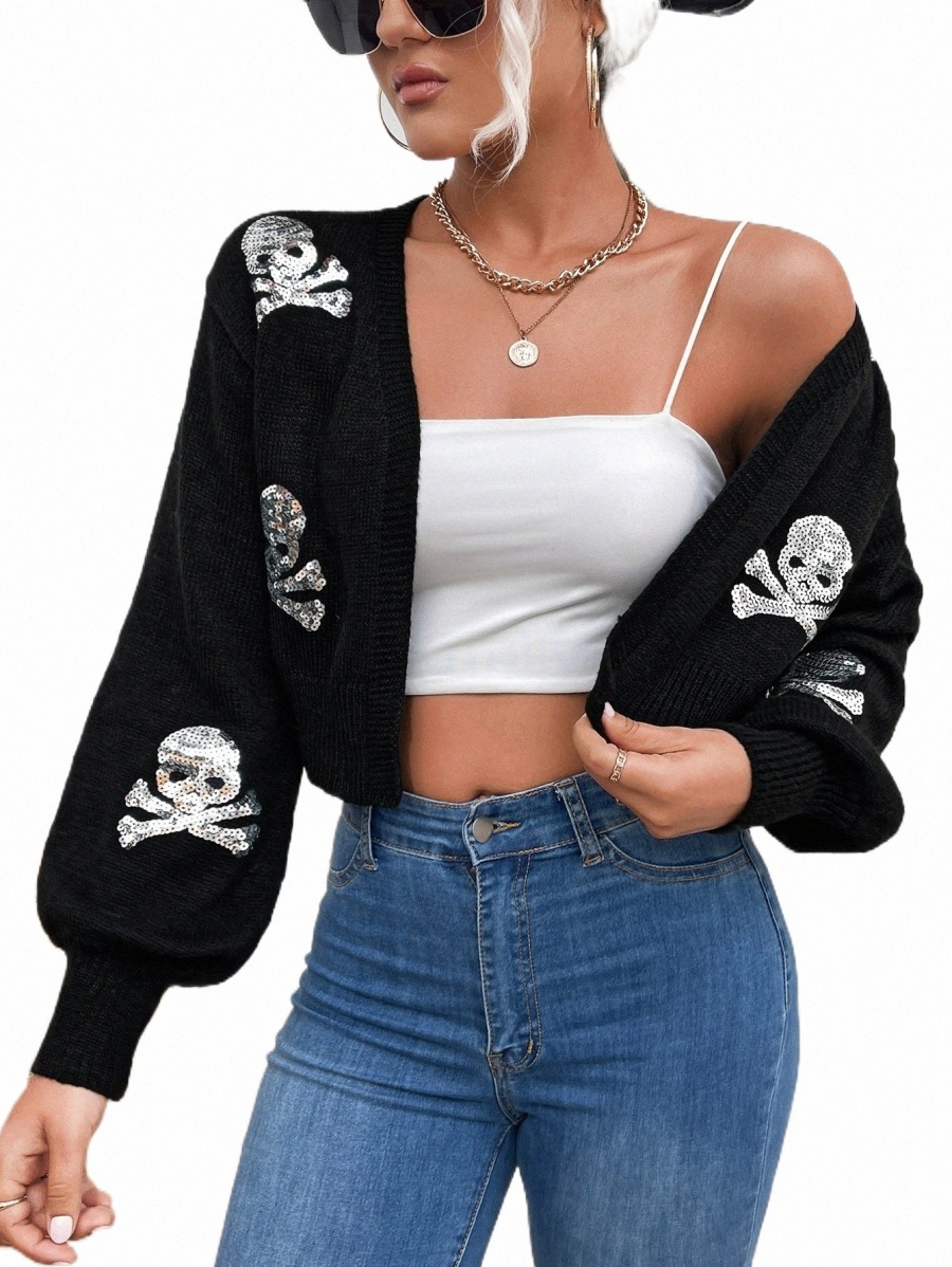

sequin Skull Pattern Lantern Sleeve Duster Cardigan b7H1#, Black