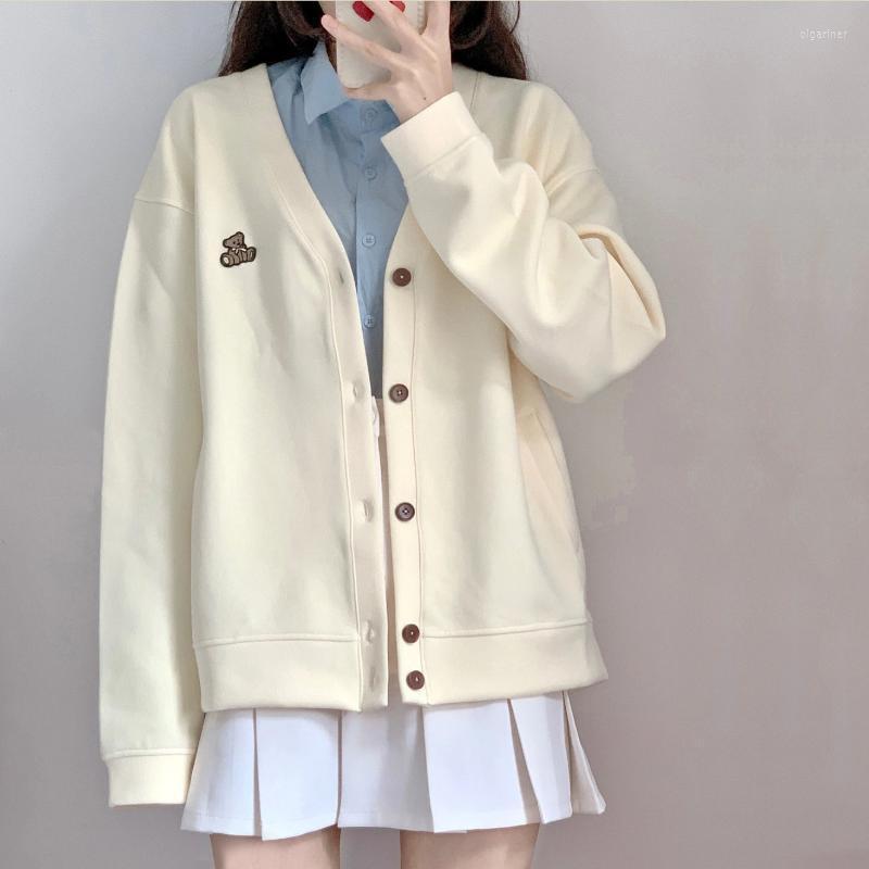 

Women' Knits & Tees Bear Embroidery V Neck Cardigan Sweater Jacket Female Japanese College Style Retro Loose All Match Student Top Ins Tide