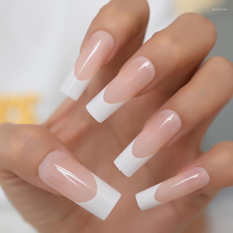 

False Nails Nude White French Long Press On Tips Full Cover Straight Square Glossy Gel Artificial Set Manicure Tools Prud22, L6181