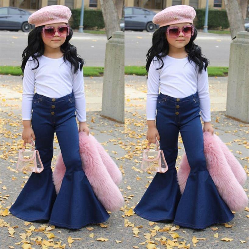 

New Toddler Baby Girl Blue Jeans Buttons Skinny Flared Jeans Kids Stretchy Denim Bell-Bottoms Long Trousers Baby Casual Clothing232c