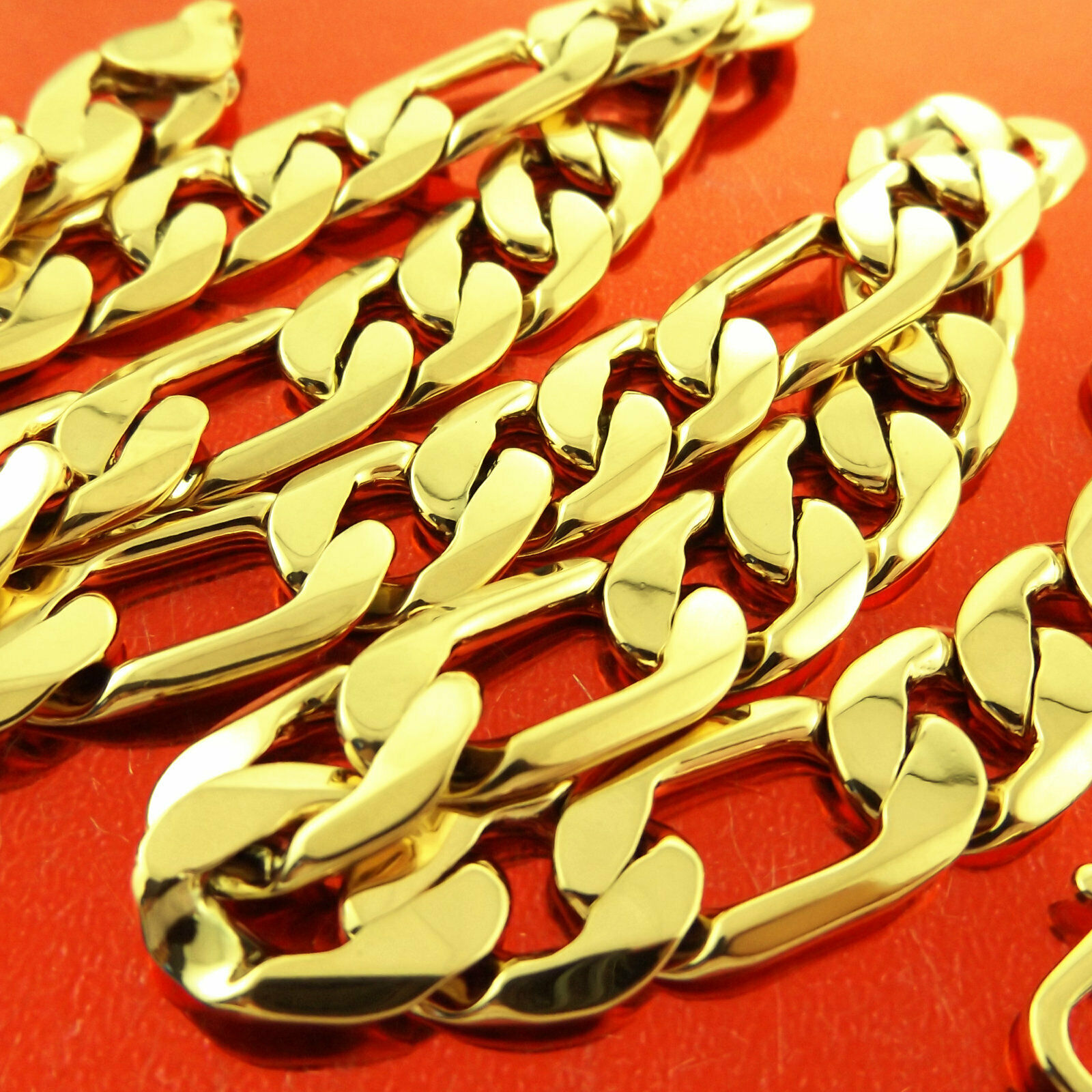 Real 18k Fine Solid Yellow GF Gold Necklace Chain Solid Figaro Link Design 24inch Heavy 8mm-image-765579615