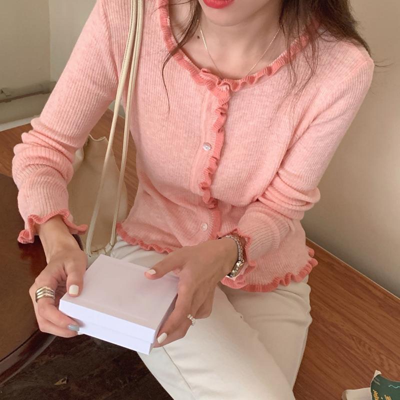 

Women's Sweaters Pink Crop Sweater Women Slim Body Knitwear Ruffles Tops Y2k Sweet Cute Kawaii Egirl Pullover Jumper Harajuku Spring Summer