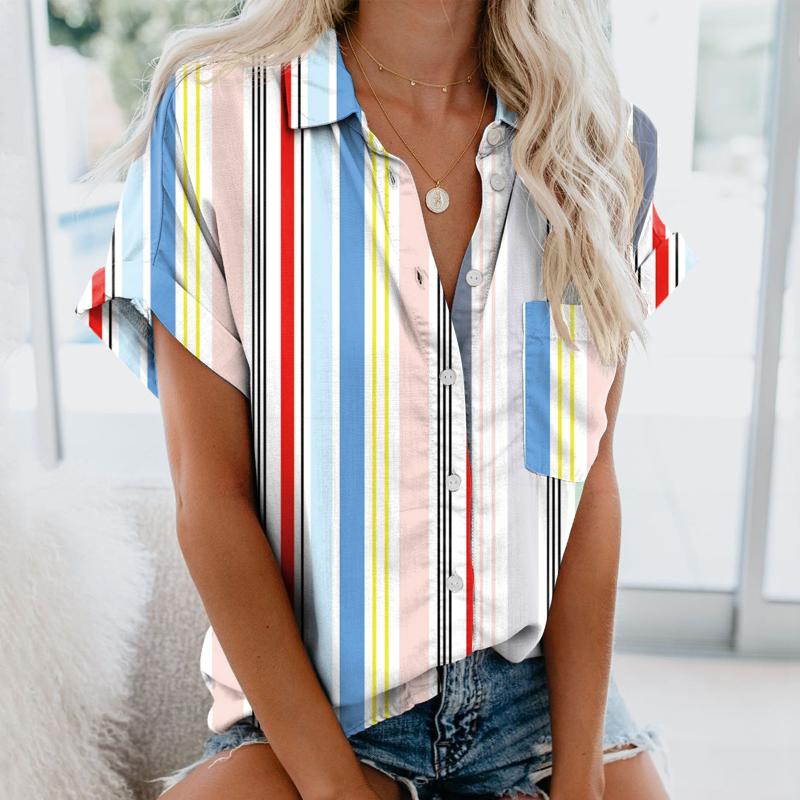 

Women' Blouses & Shirts Womens And 2022 Feminine Blouse Striped Print Short Sleeve Pocket Button Turn Down Collar Ol Style BlusasWomen