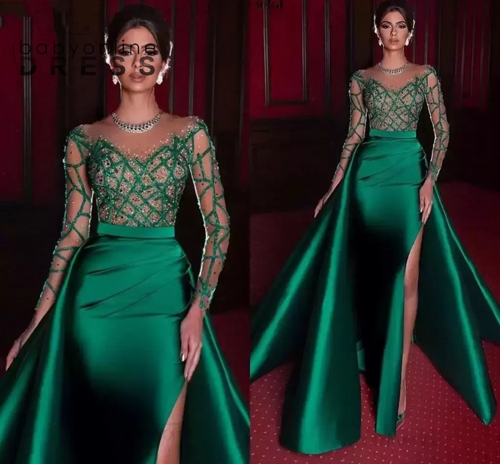 

NEW Elegant Mermaid Evening Dresses 2022 Green Formal Dress Long Sleeves Satin Sexy Slit Beads Party Prom Gowns vestidos de noiva, Gray