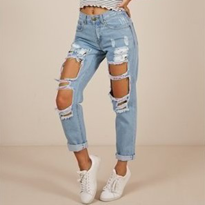 

Women Pencil Jeans Casual Denim Skinny Jean Pants Middle Waist Slim Distressed Knee Hole Ripped Jeans Trousers LK, Sky blue