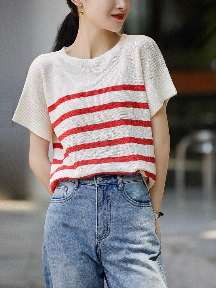 

Women's Sweaters TuangBiang Summer 2022 Classic Striped Women Splicing Pullovers O-Neck Red Short Sleeve Knit T-Shirts Cotton Loose Thin Top