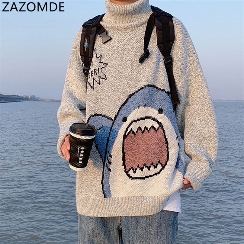 

ZAZOMDE Men Turtlenecks Shark Sweater Winter Patchwor Harajuku Korean Style High Neck Oversized Grey Turtleneck For 220813, Blueo neck