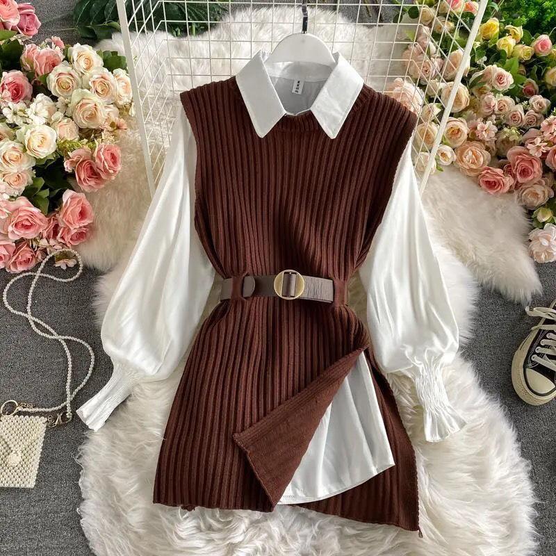 

Women' Blouses & Shirts Spring Autumn Graceful Women Tops Clothing 2022 Korean Lantern Sleeve White Shirt Knitted Vest 2 Pcs Set Lady Sleve, Only white shirt