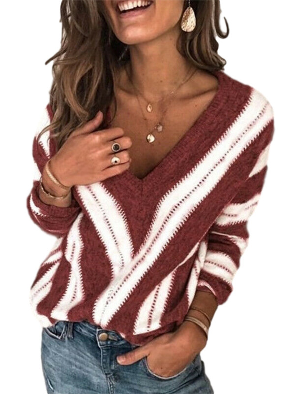 

Women Autumn V Neck Long Sleeve Sweater Tops Loose Knit Pullover Sexy Tops Patchwork Striped Print Elegant Pullover Sweater 220816, Gray