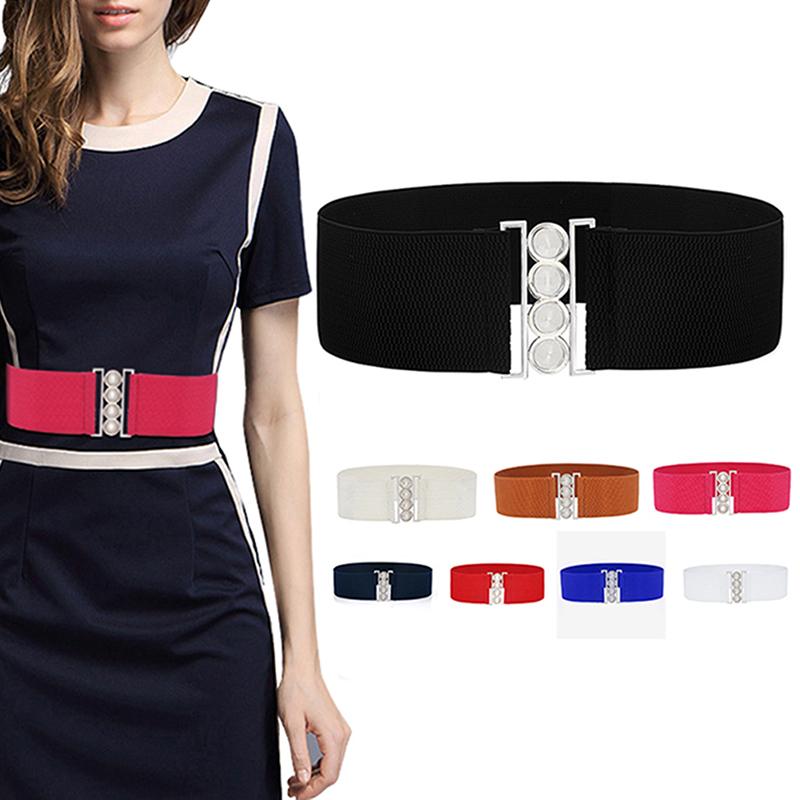 

Belts 1PC Women Stretch Elastic Wide Waist Female Apparel Accessories Dress Silver Metal Buckle Fabric Strap, Black