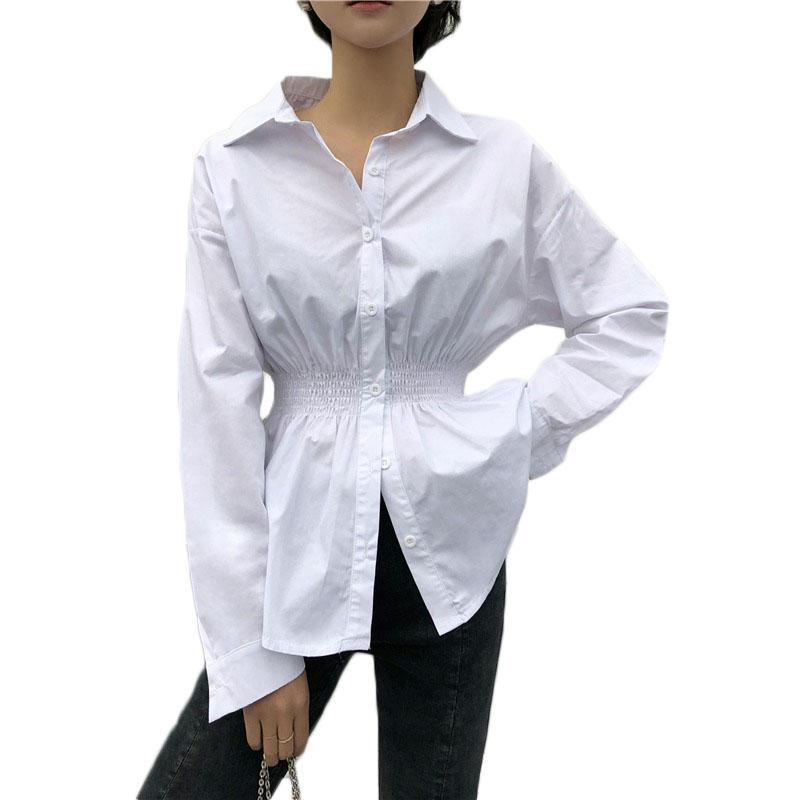 

Women's Blouses & Shirts White Shirt Ladies 2022 Spring And Autumn Retro Casual Loose Long-sleeved Elastic Wasit Tops Women NS2582