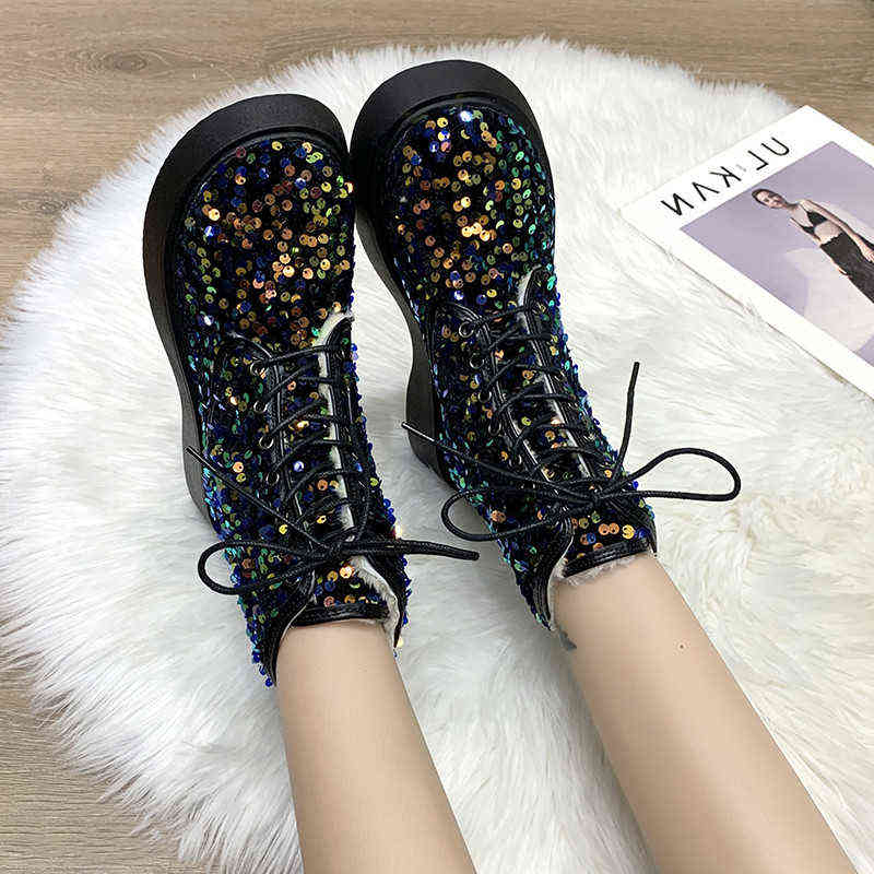 

Boots Women's Bling Platform Snow Winter New Stylish Chic Point Lace-up Short Pl 220815, Black