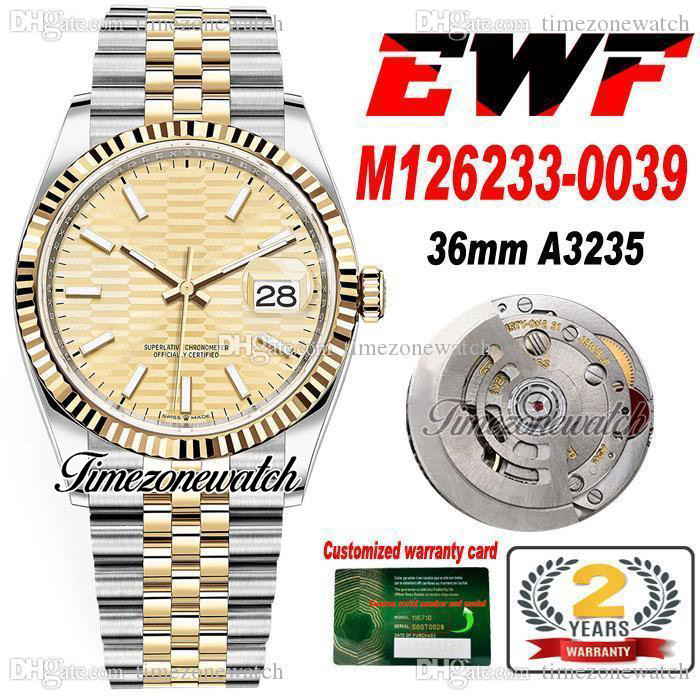 

EWF 36mm 126233 A3235 Automatic Mens Watch Two Tone Yellow Gold Golden Fluted Dial 904L Steel JubileeSteel Bracelet Warranty Card Super Edition Timezonewatch R7, Custom warranty card
