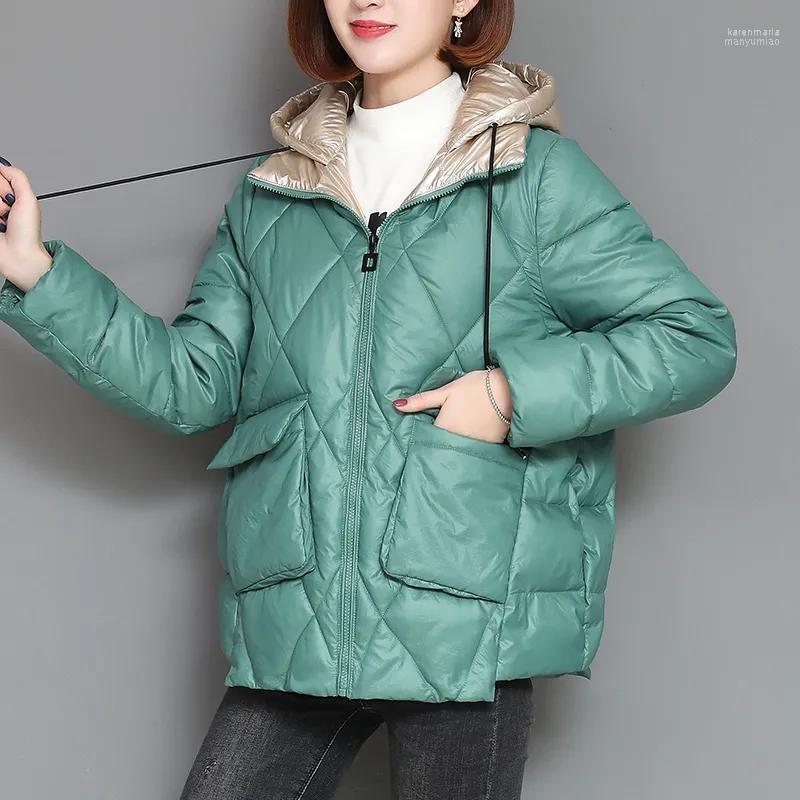 

Women's Down & Parkas Patchwork Women Hooded Quilted Jacket Korean Fashion Elegant Cotton Padded Winter Loose Short Office Lady Warm Coat Ka, Black