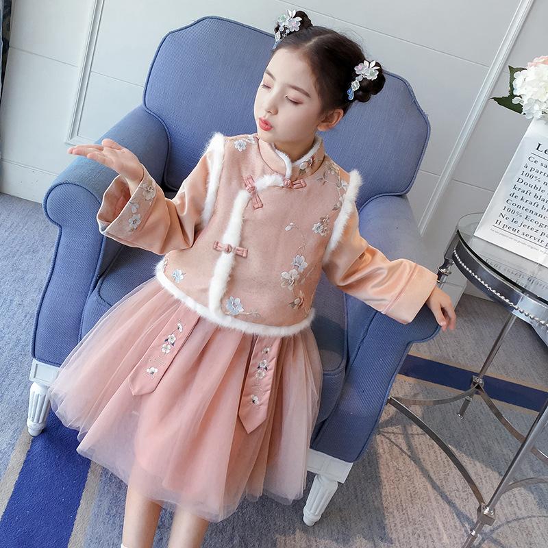 

Clothing Sets Winter Year 2022 Girls Set Chinese Style Embroidery Tang-suit Children Clothes Kids Thick Cotton-padded Outfits, Sky blue
